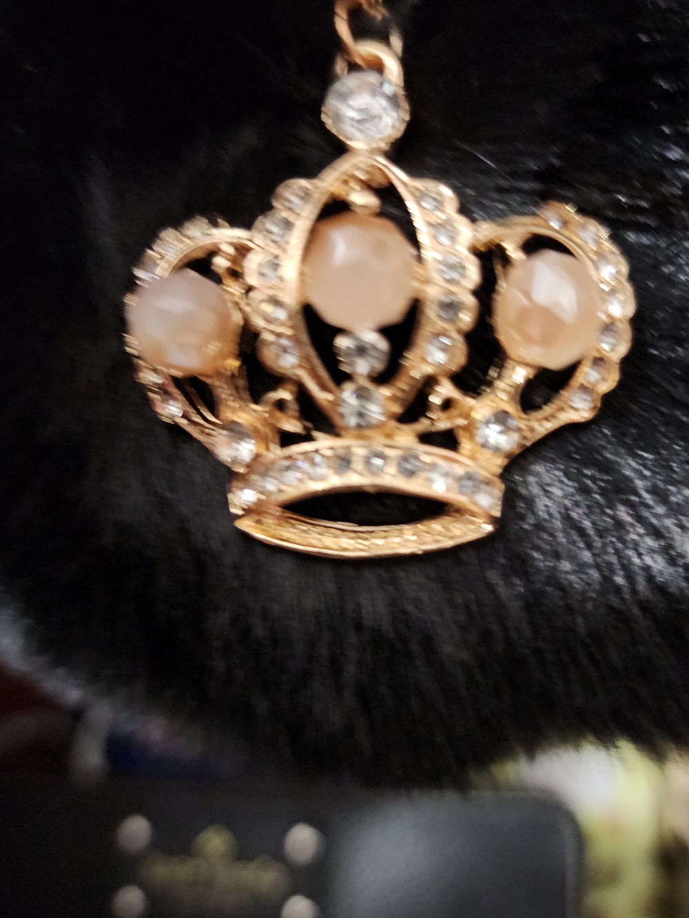 NWT Black Fur Pom Keychain with Gold Crown Charm - Picture 4 of 4